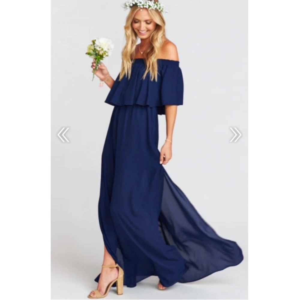 Show Me Your Mumu Hacienda Maxi Dress Navy Blue Off Shoulder Ruffle Slit Medium